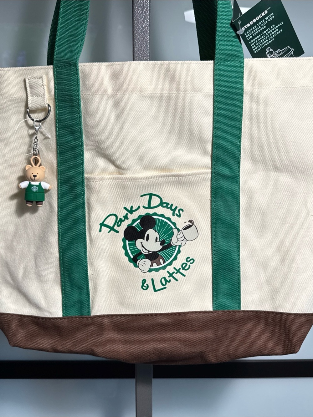 Starbucks Cream, Green & Brown Canvas Tote with Mickey Graphic